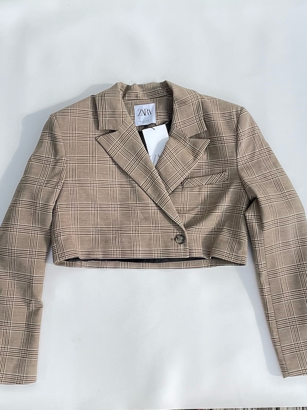 Zara Check Plaid Cropped Structured Blazer Button Front Jacket Size Small NWT